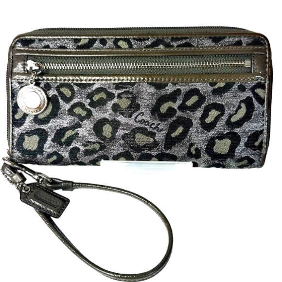 EUC Coach Womens Wallet Wristlet Zip Around Ocelot Leopard Silver Gray B… - Picture 1 of 13